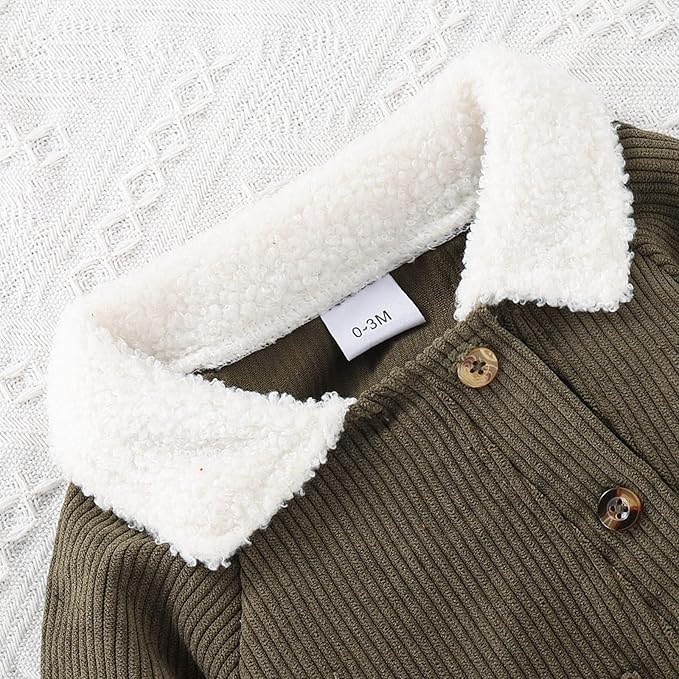 Winter Long Sleeve Corduroy Romper Solid Color Button Down Jumpsuit