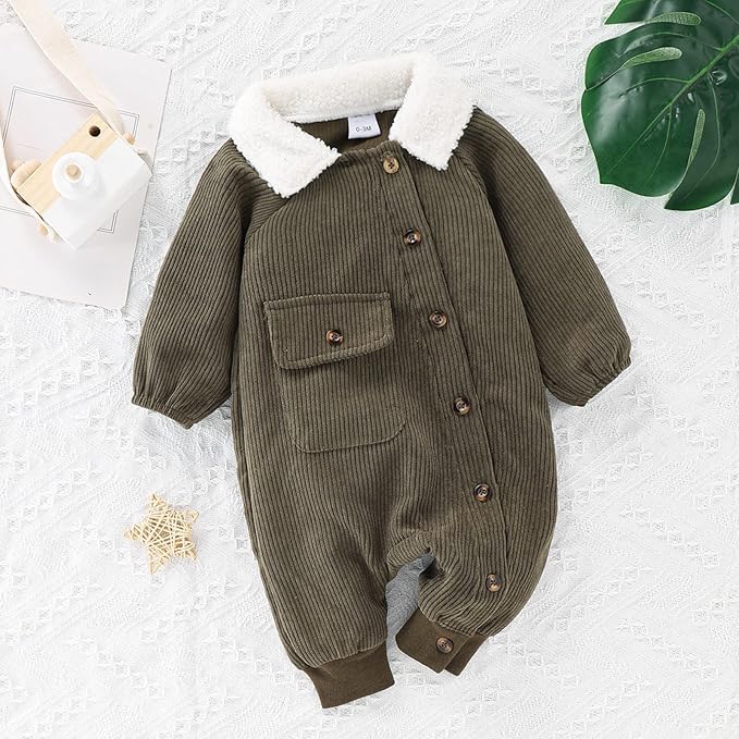 Winter Long Sleeve Corduroy Romper Solid Color Button Down Jumpsuit