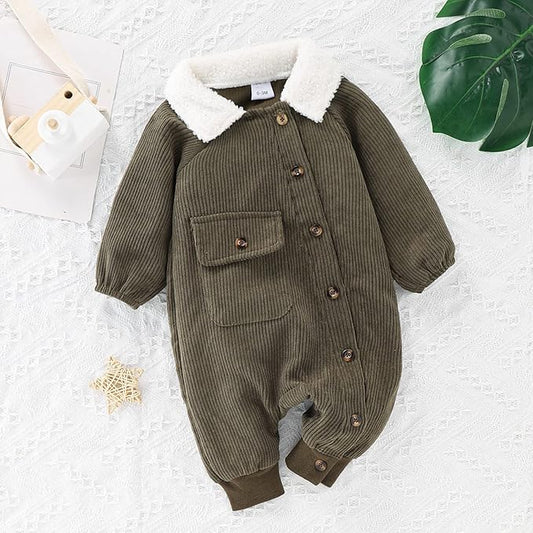 Winter Long Sleeve Corduroy Romper Solid Color Button Down Jumpsuit
