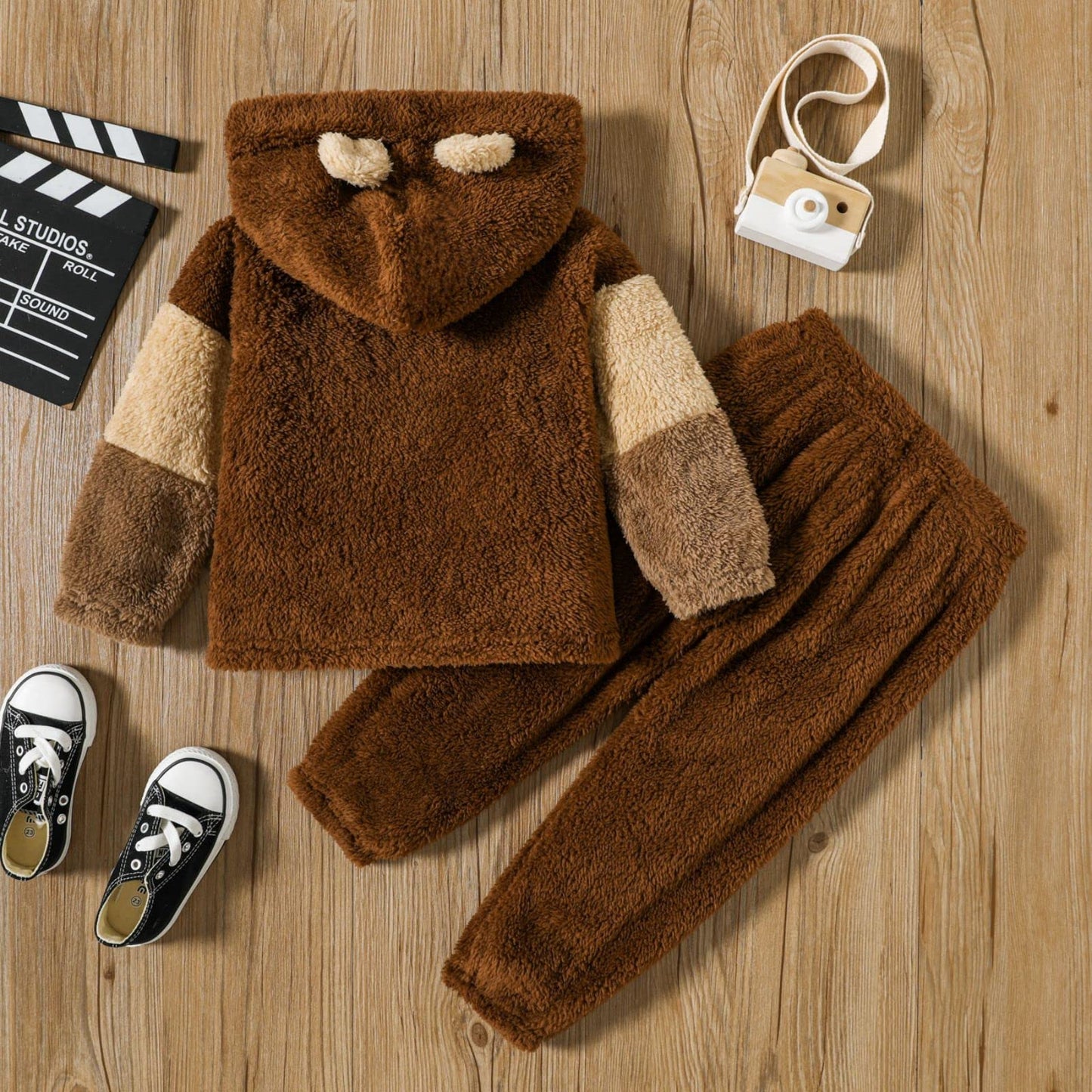 Toddler Fleece Hoodie Colorblock Sweatshirt with Ear Fall Winter Clothing Sets