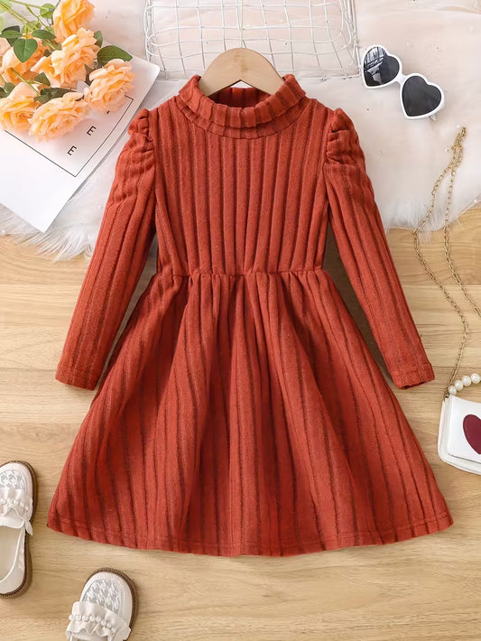 Girls' High Neck Solid Color Knitted Dress
