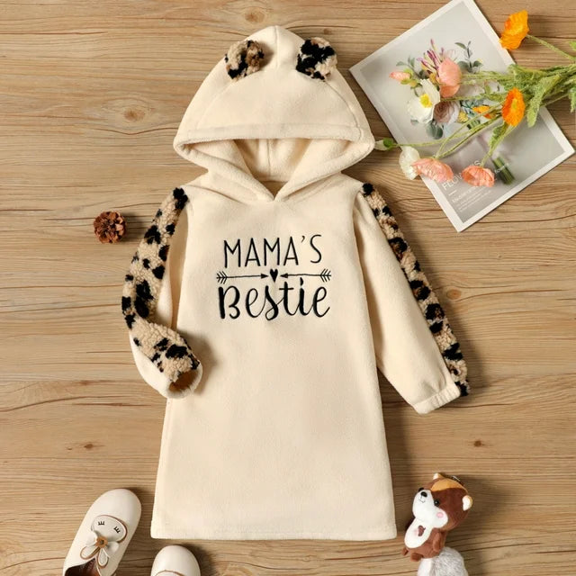 Toddler Girl Letter Leopard Print Fuzzy Fleece Sweatshirt Dress for girl