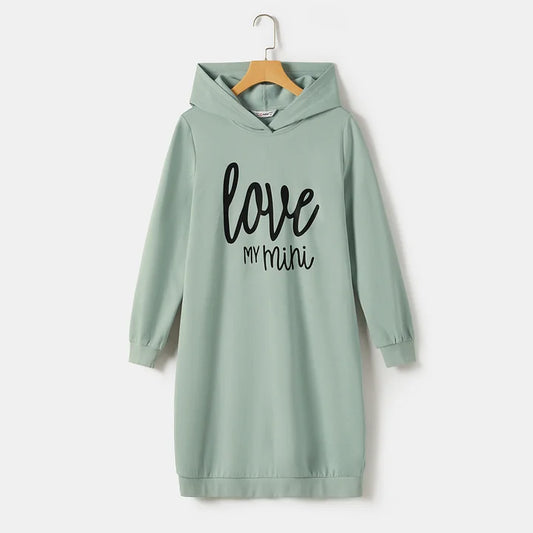 Letter Print Green Long-sleeve Hoodie Dress