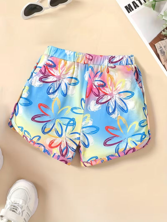 Girls Fashion Casual Shorts Tie Dye Graphic Floral & Butterfly Print Short Bottoms