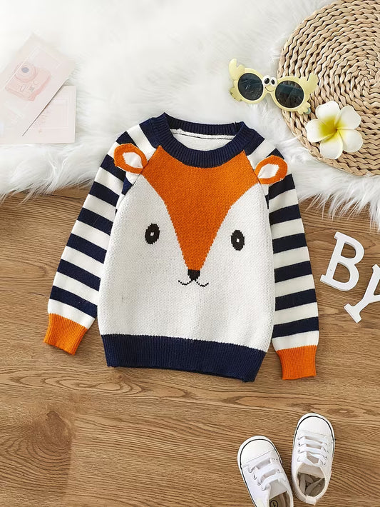 Cute striped patchwork knit sweater with fox design, long-sleeved jumper for children