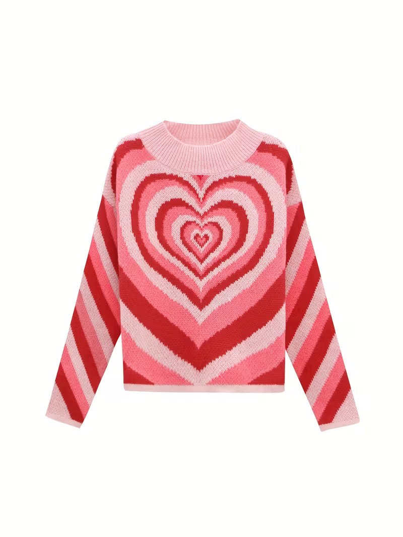 Women's Vintage-Inspired Pink Gradient Heart Knit Sweater