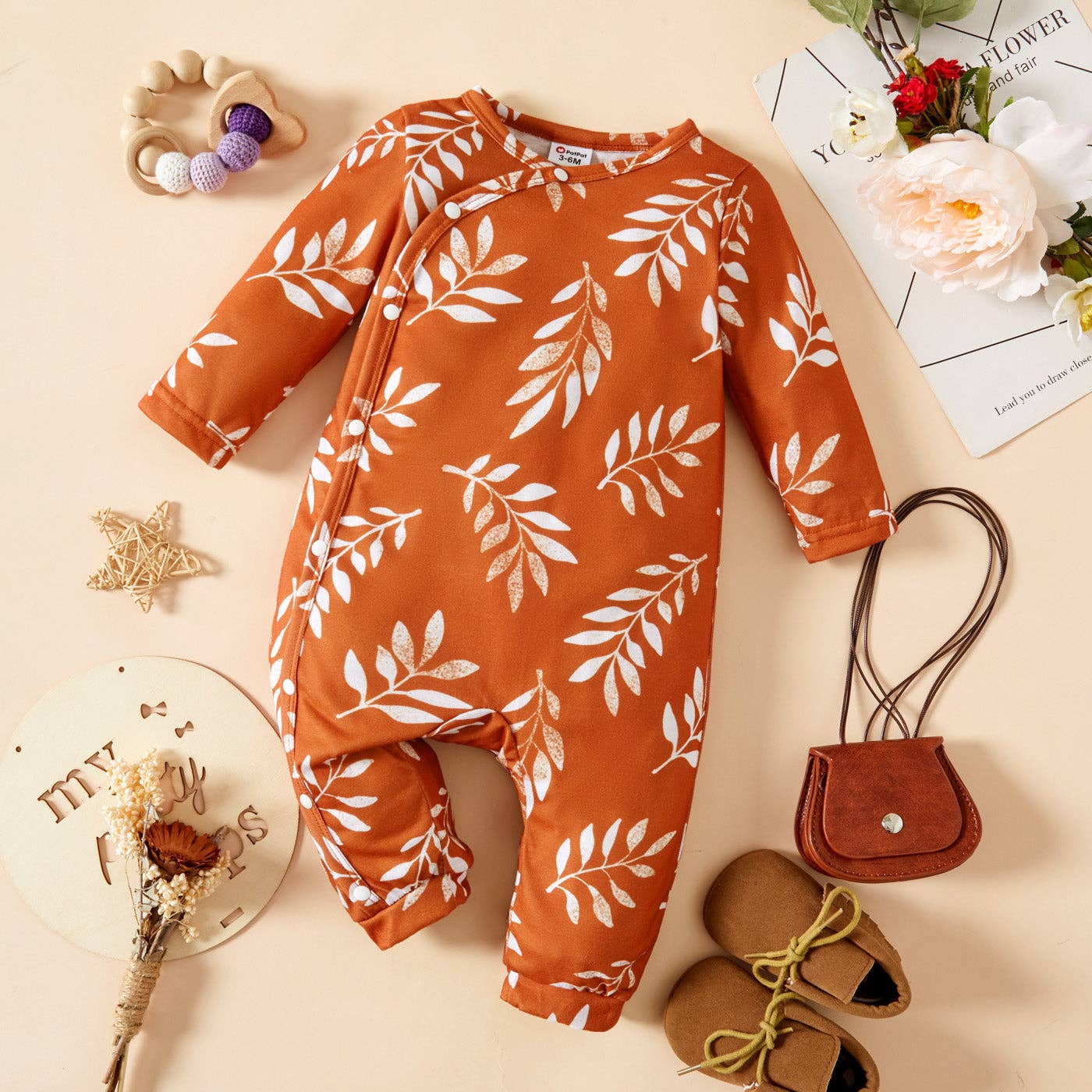Leaves-Print Long-sleeve Baby Jumpsuit