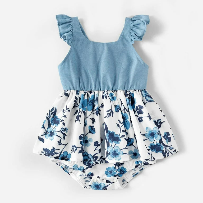 Baby girl front floral ruffle trim romper