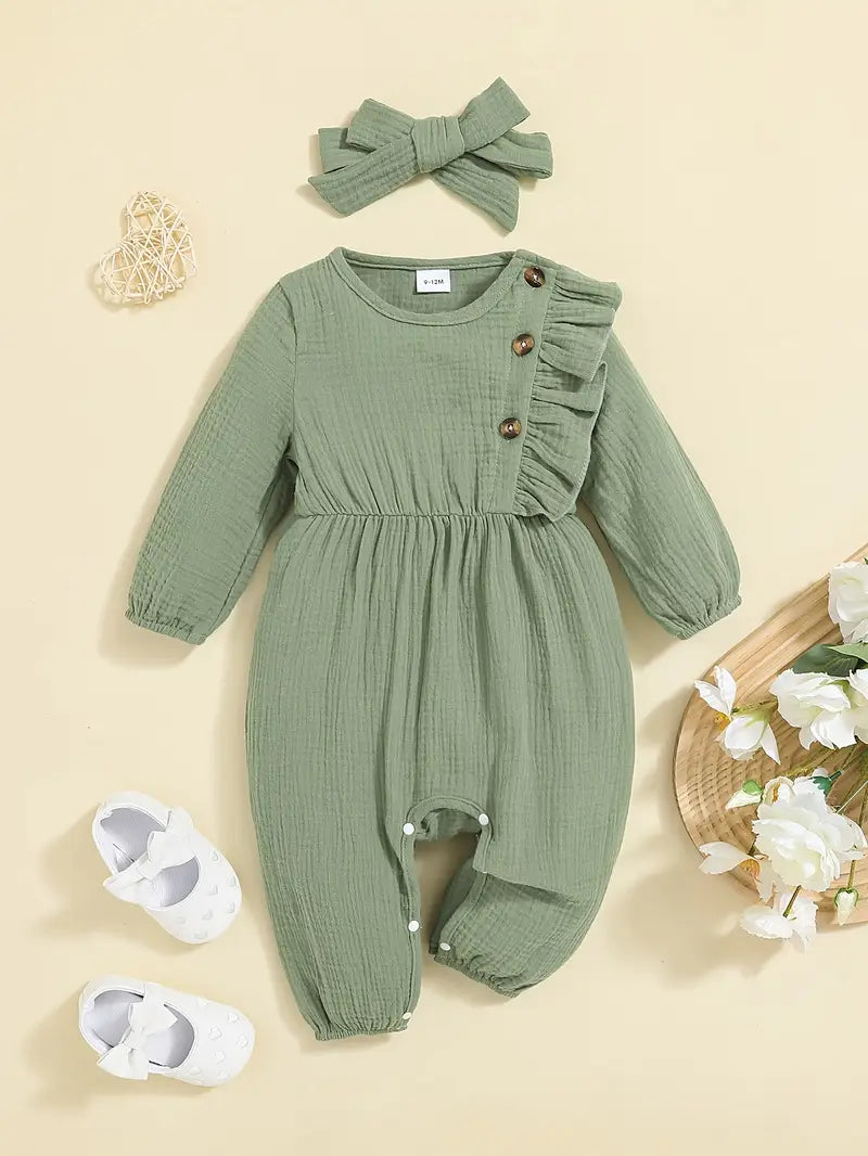 Olive Green Ruffled Sleeve Romper with Button Details