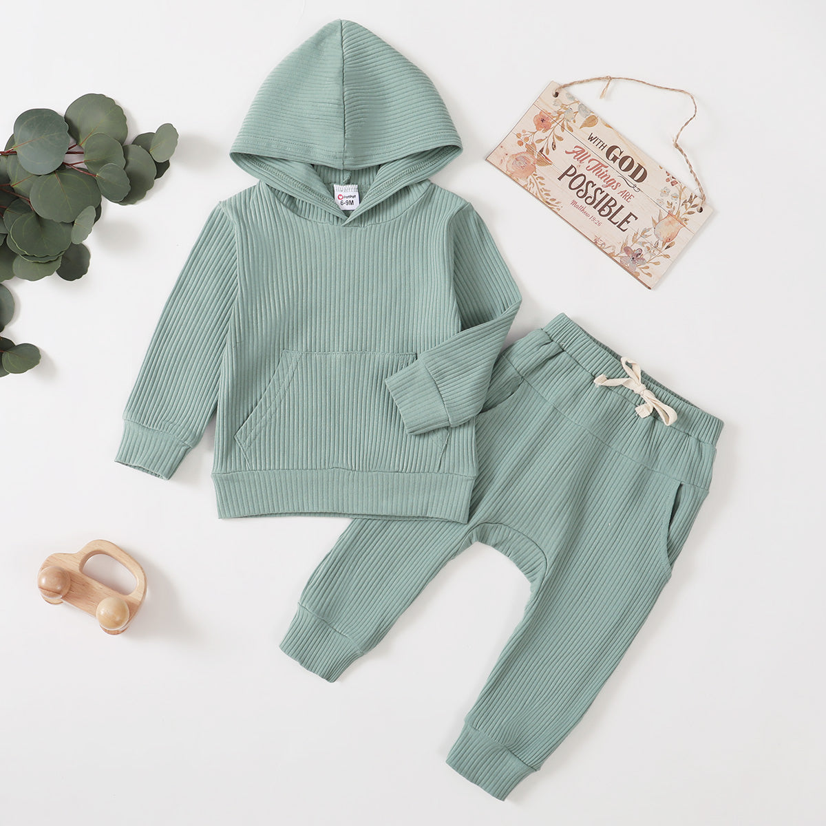 Cotton Ribbed Long-sleeve Hoodie and Pants Set