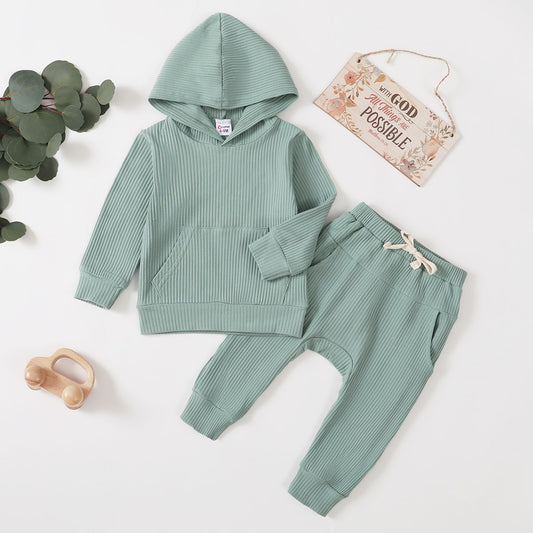Cotton Ribbed Long-sleeve Hoodie and Pants Set