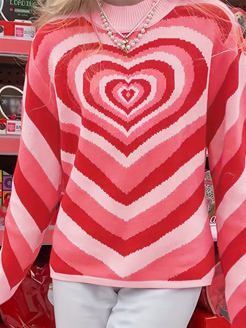 Women's Vintage-Inspired Pink Gradient Heart Knit Sweater