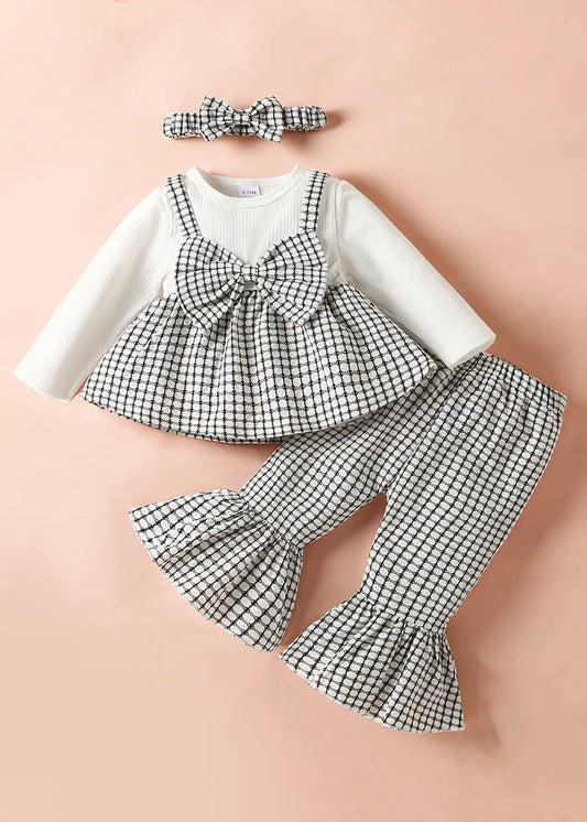Baby Checkered Bow Blouse & Pants two piece set with headband