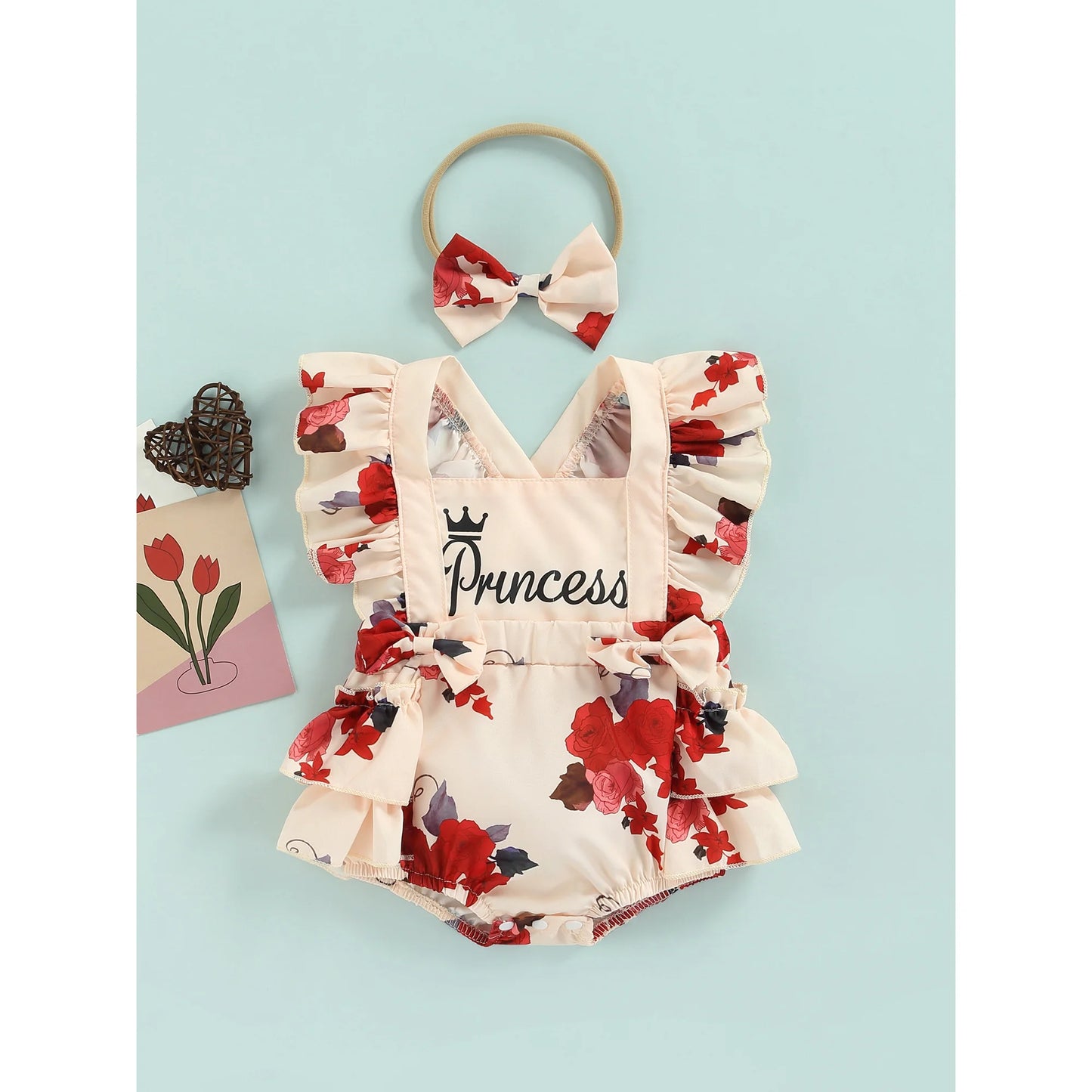 Girls Two-Piece Outfits, Flower Print Flying Sleeve Square Neck Bodysuit and  Decorative Bow Headband
