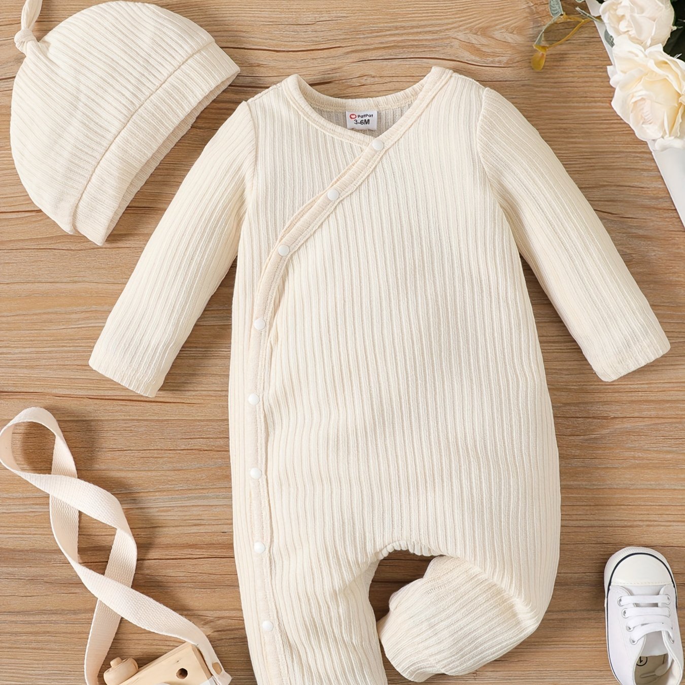 Solid Rib Knit Button Front Long-sleeve Jumpsuit with Hat