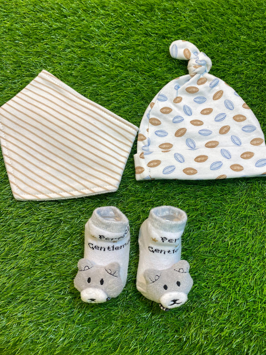 Baby Cap, Bib & Sock 3 Pcs Set