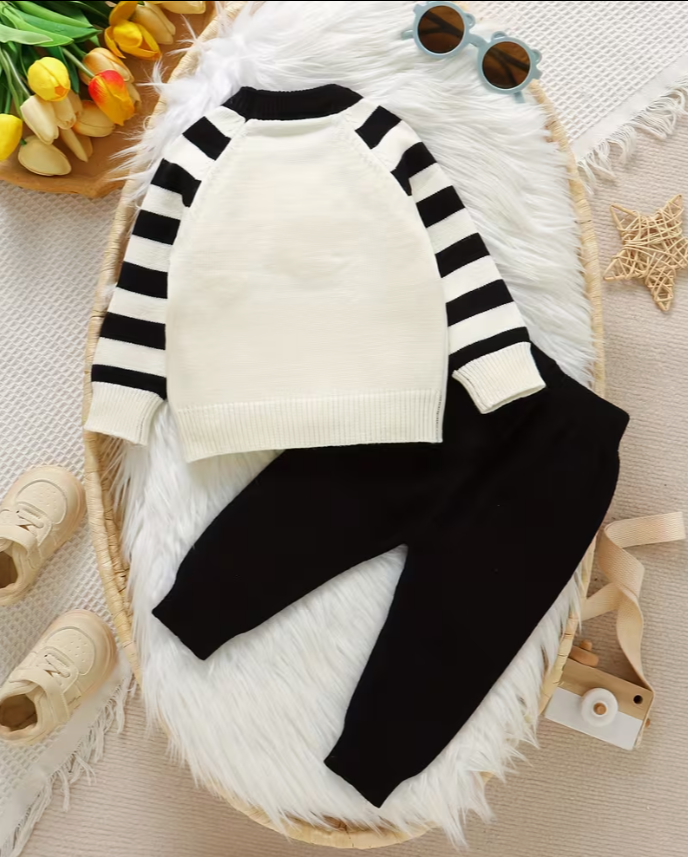 Panda Pattern Black Striped Long Sleeve Crew Neck Pullover