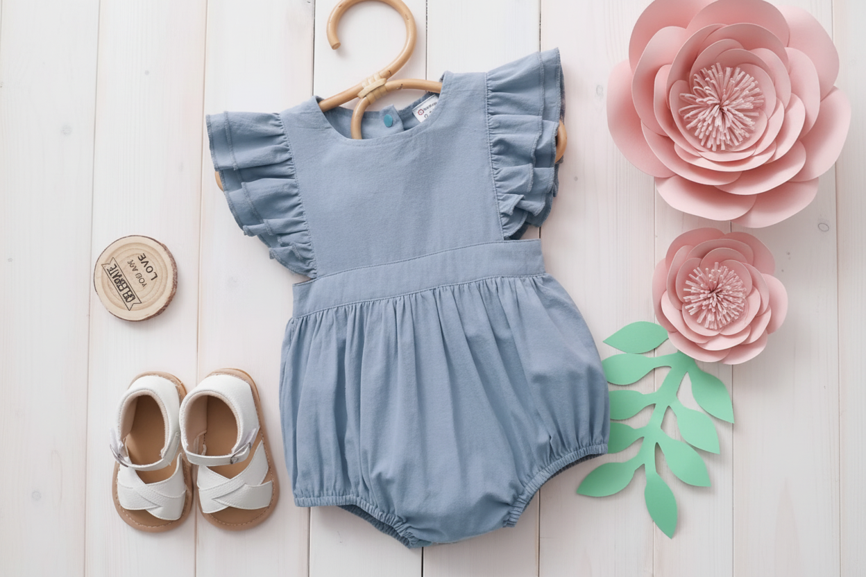 Baby girl bow front ruffle trim romper