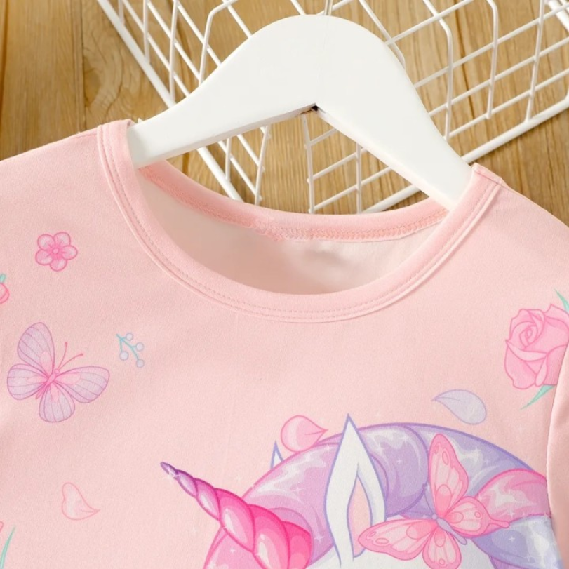 Girl's Kid Unicorn Print Short Sleeve Light Pink