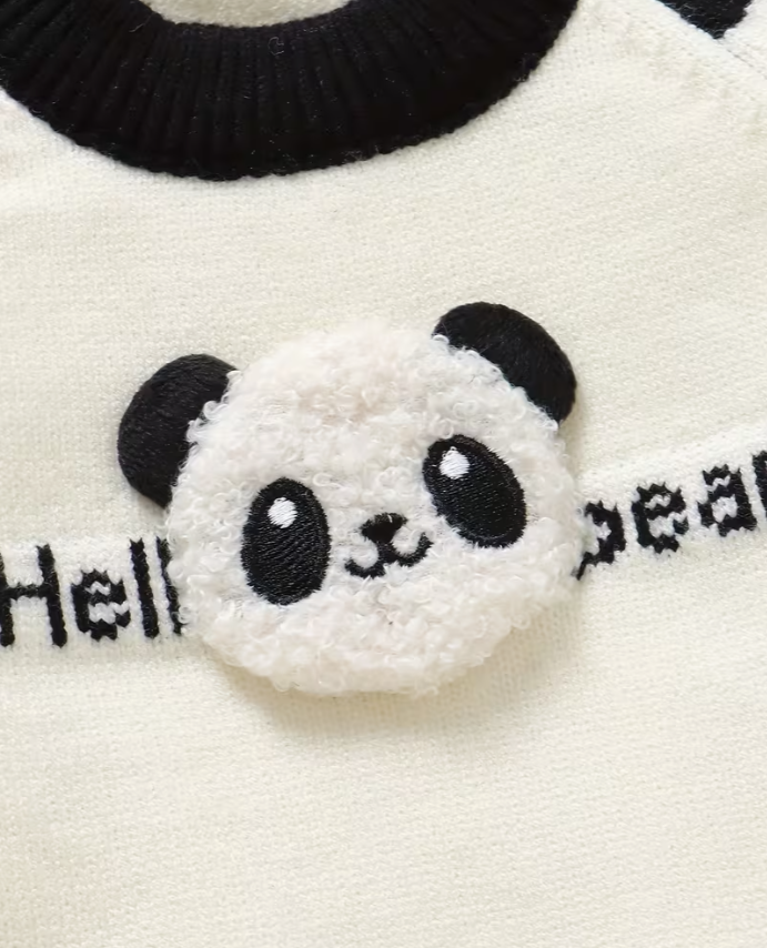 Panda Pattern Black Striped Long Sleeve Crew Neck Pullover