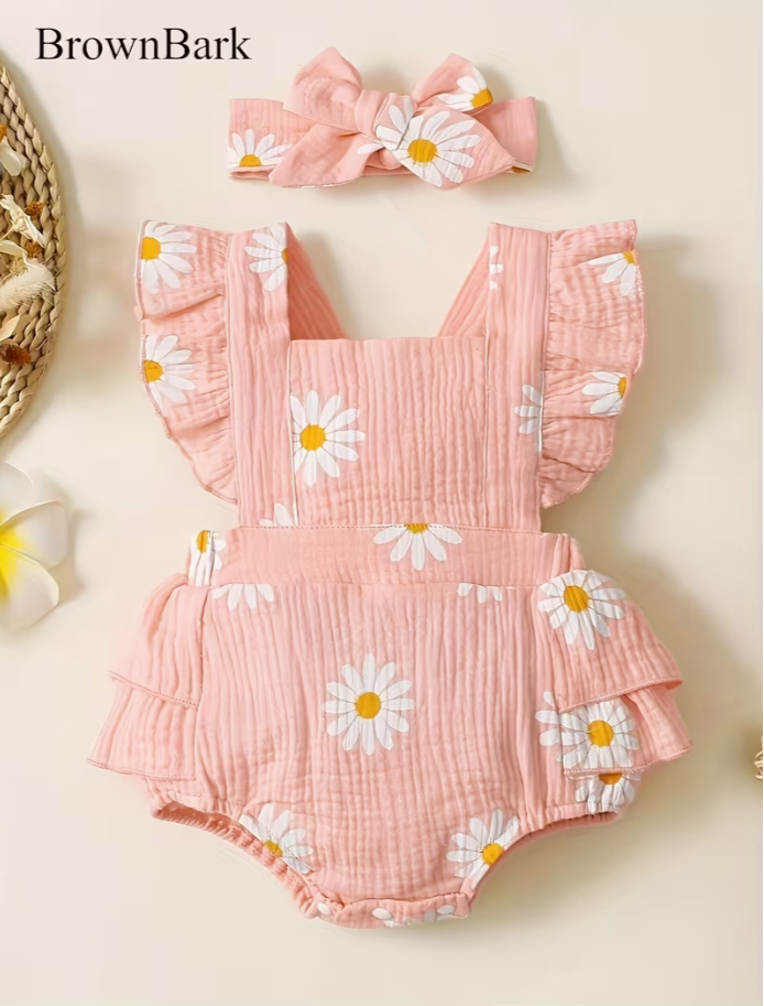 Baby Girl Cute Daisy Flutter Sleeve Romper with Headband