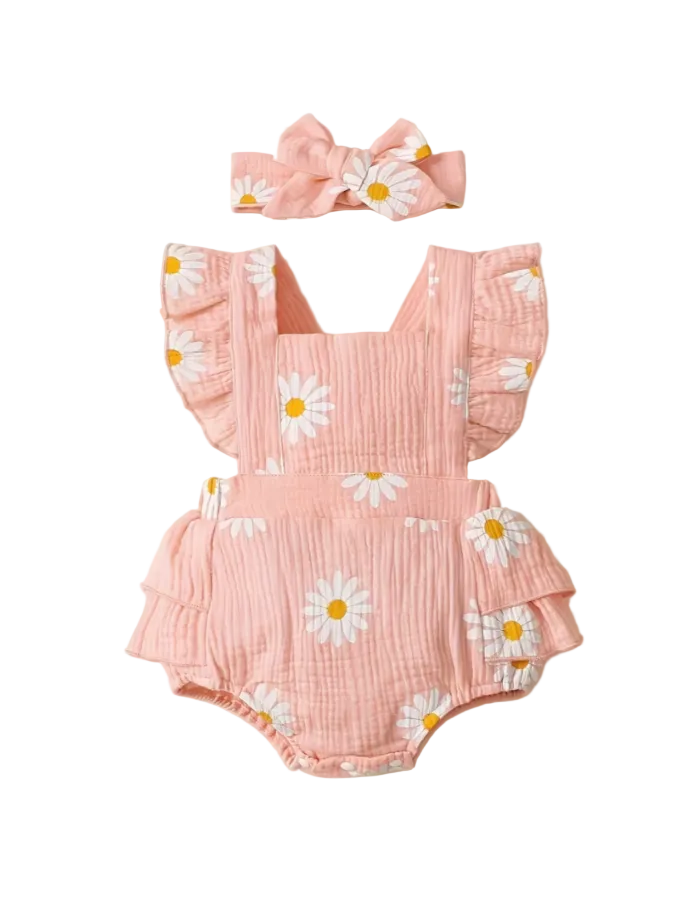 Baby Girl Cute Daisy Flutter Sleeve Romper with Headband