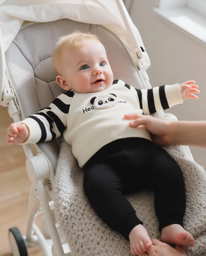 Panda Pattern Black Striped Long Sleeve Crew Neck Pullover
