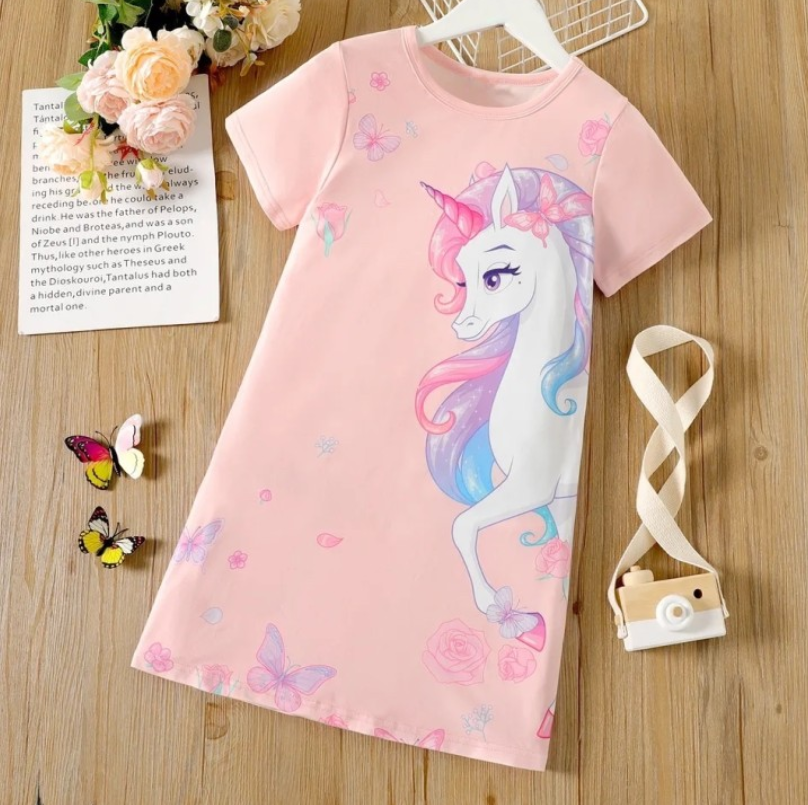 Girl's Kid Unicorn Print Short Sleeve Light Pink