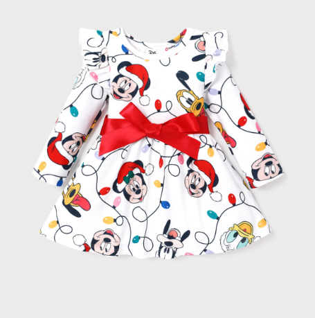 Patpat Disney Mickey and Friends Toddler Girl Full Print Bow Tie Long-sleeve Dress Red
