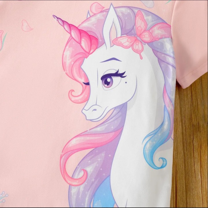 Girl's Kid Unicorn Print Short Sleeve Light Pink