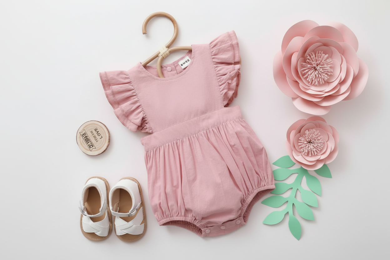 Baby girl bow front ruffle trim romper pink