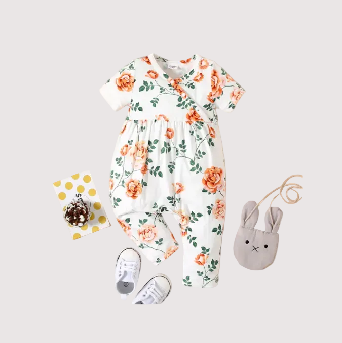 Baby Girl All Over Floral Print V Neck Short-sleeve Snap-up Jumpsuit