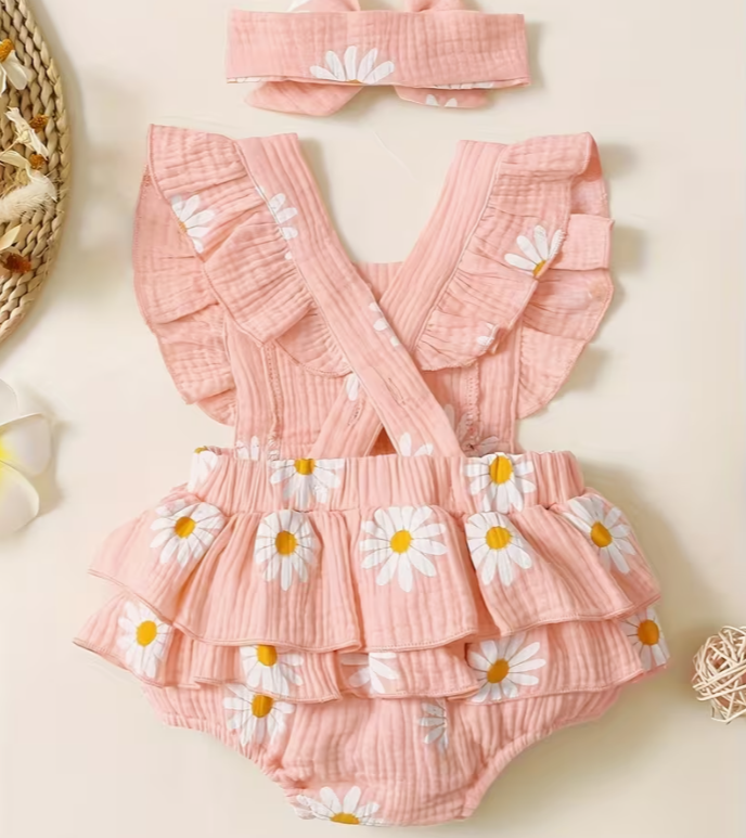 Baby Girl Cute Daisy Flutter Sleeve Romper with Headband