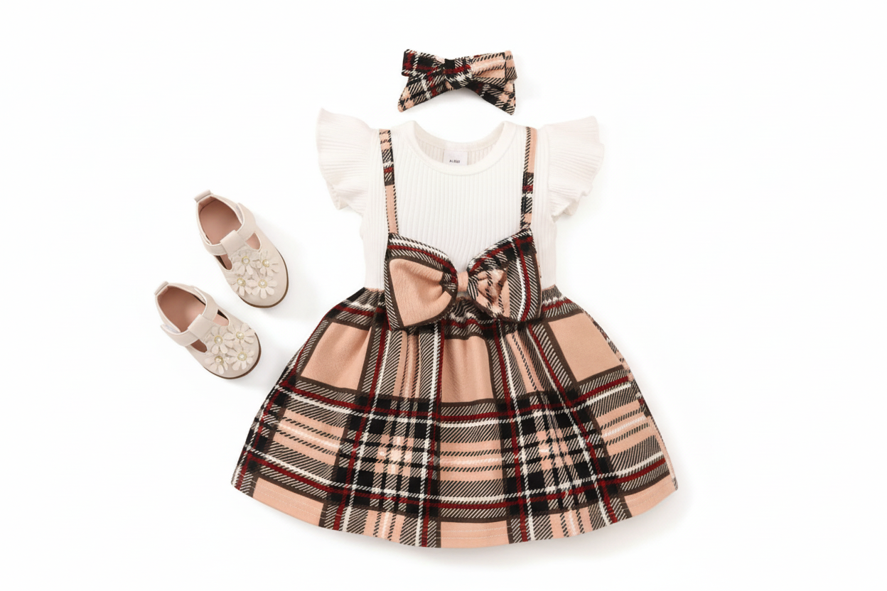 Check-print Spliced Lace Flutter-sleeve Romper with Headband Set