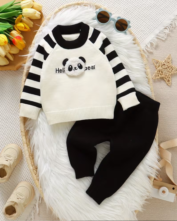 Panda Pattern Black Striped Long Sleeve Crew Neck Pullover