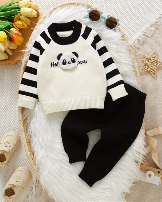 Panda Pattern Black Striped Long Sleeve Crew Neck Pullover