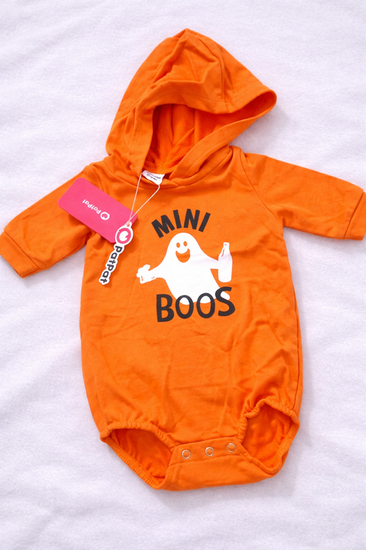 Baby Orange Hooded Romper – Ghost “Mini Boos” Graphic Jumpsuit