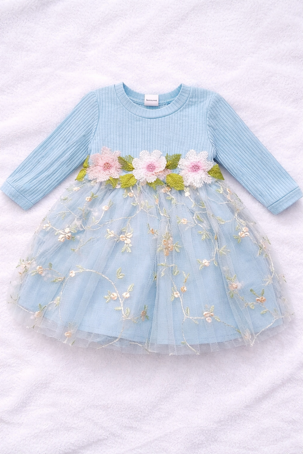 Baby Girl Light Blue Dress - Floral Tulle Skirt Long Sleeve Dress with Embroidery