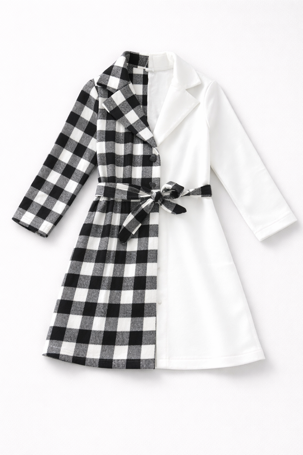 Girls Long Sleeve Black & White Plaid Contrast Coat – Stylish Kids Outerwear