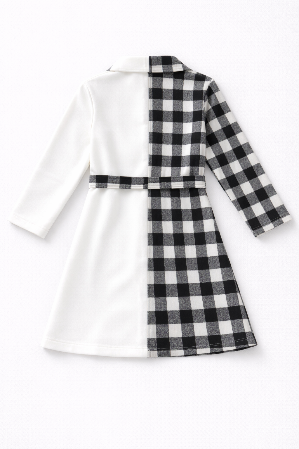Girls Long Sleeve Black & White Plaid Contrast Coat – Stylish Kids Outerwear