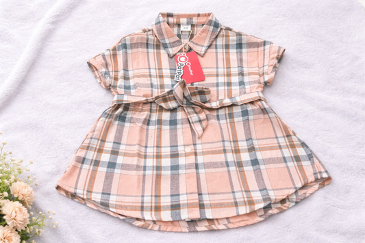 Girls Pink & Neutral Plaid Button-Front Dress with Collar and Waist Tie