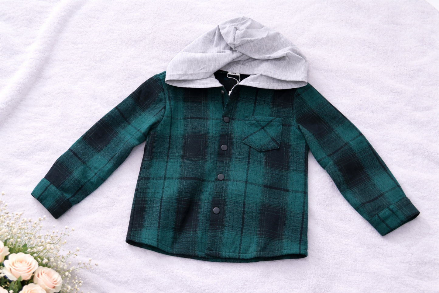 Boys Green Plaid Hooded Shirt Jacket – Button-Up Flannel with Contrast Hood