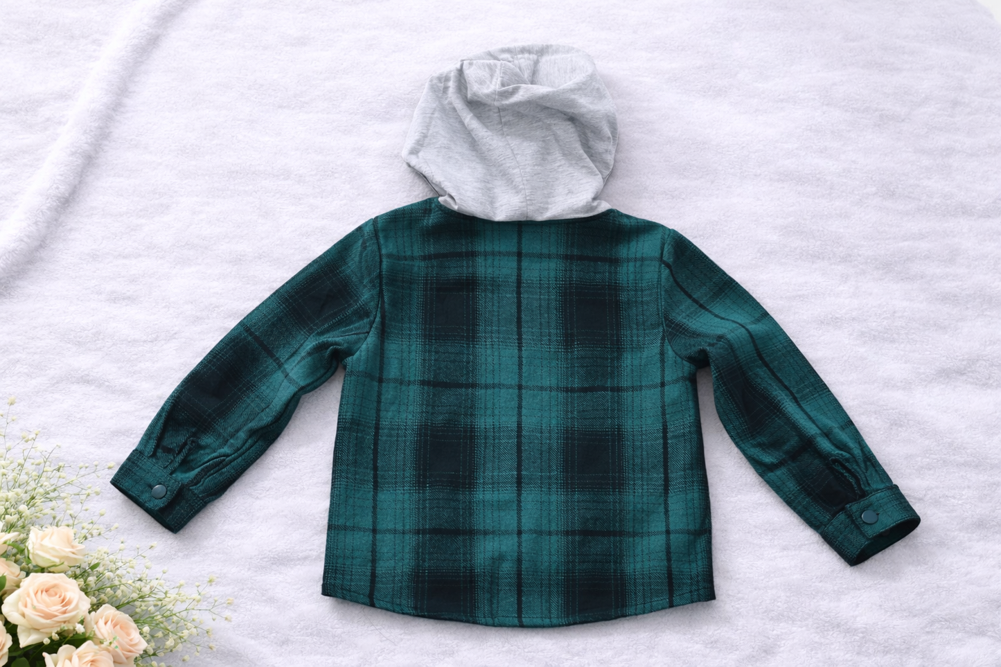 Boys Green Plaid Hooded Shirt Jacket – Button-Up Flannel with Contrast Hood