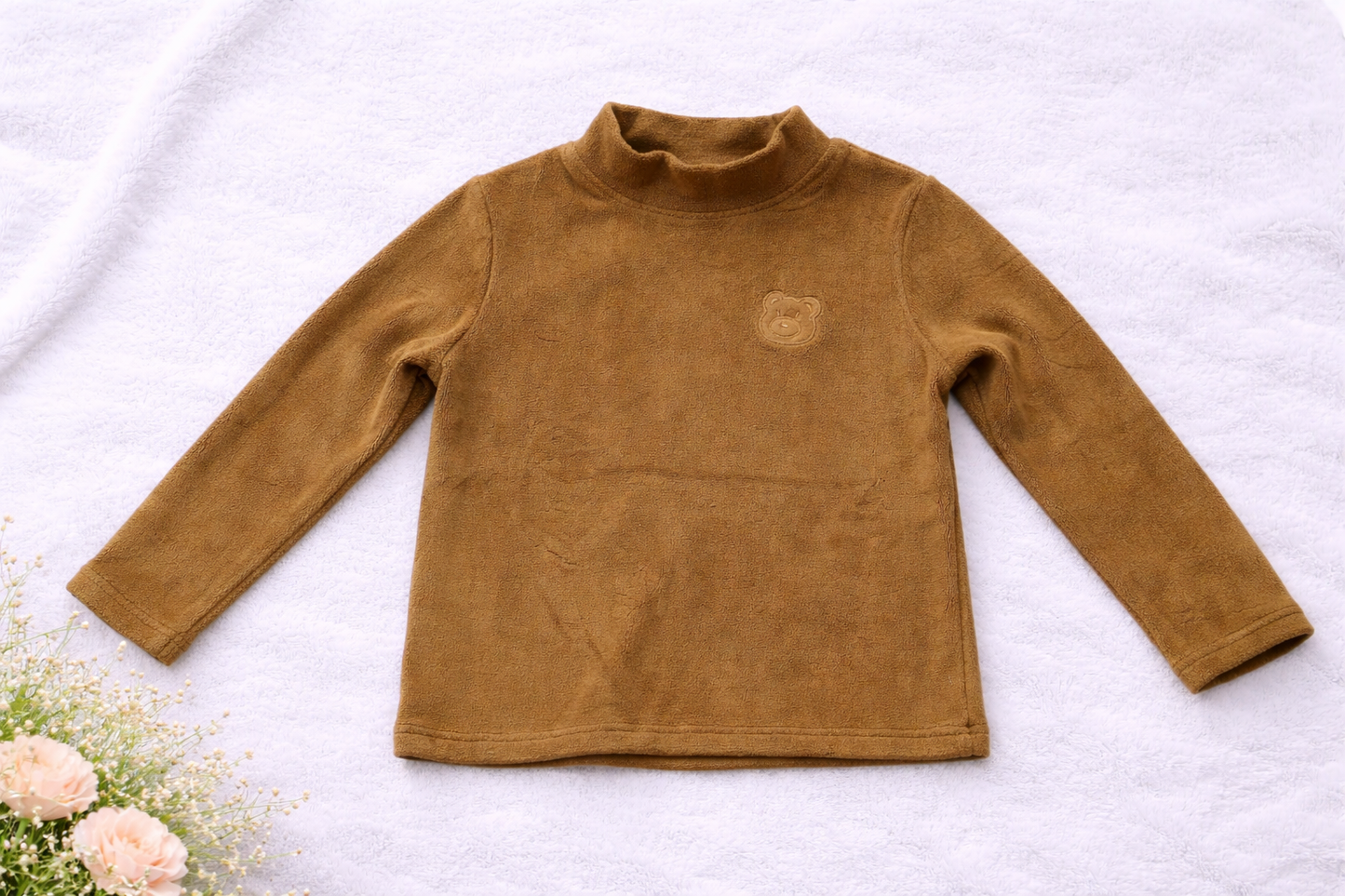 Kids Brown Fleece Turtleneck TopSoft Thermal Long Sleeve Winter Shirt