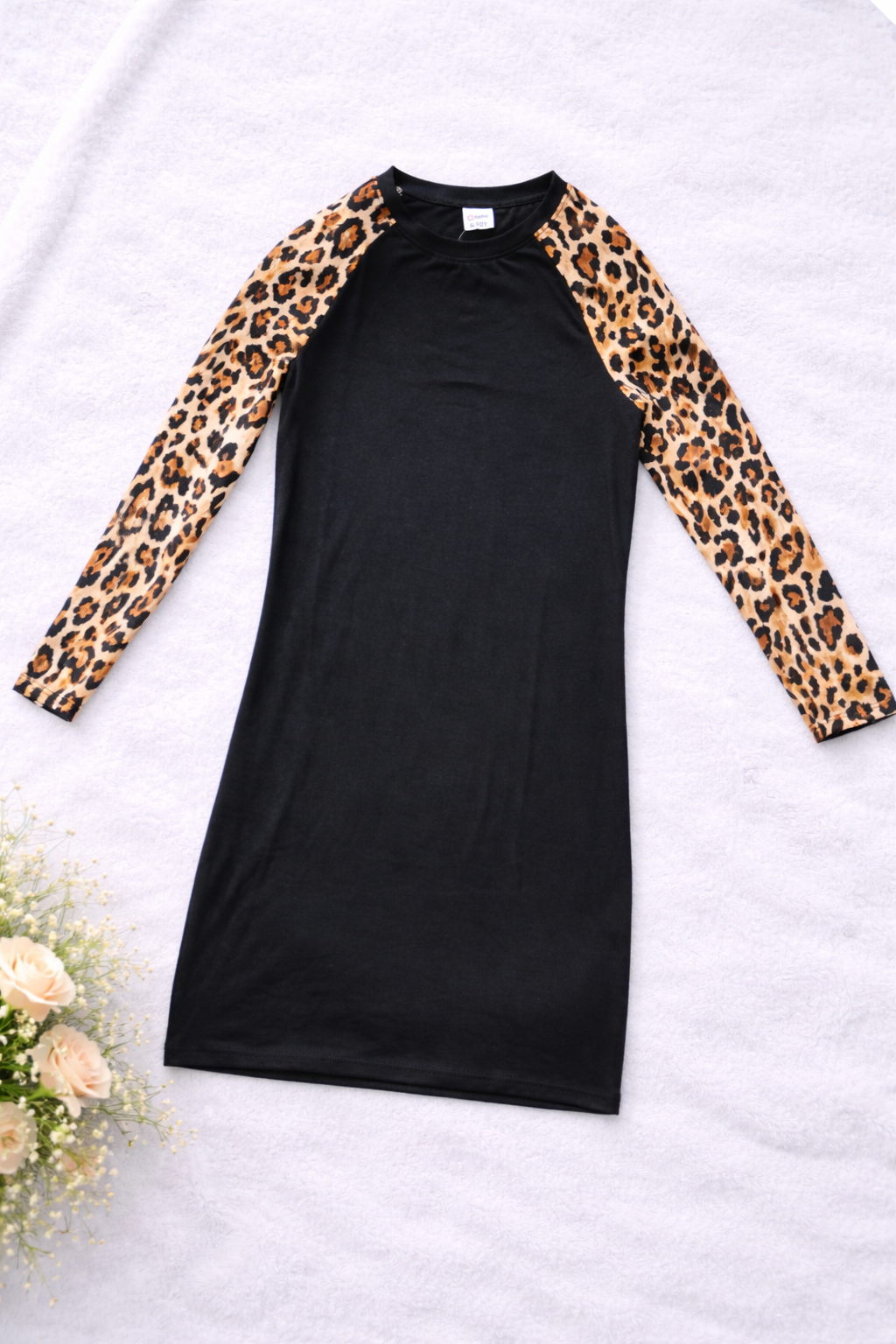 Women’s Black Bodycon Dress with Leopard Print Raglan Sleeves – Long Sleeve Casual Midi Dress