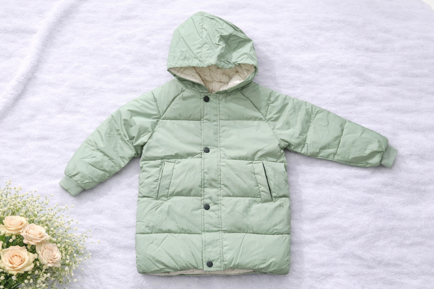 Kids Sage Green Hooded Puffer Jacket – Quilted Winter Coat with Snap Button Front