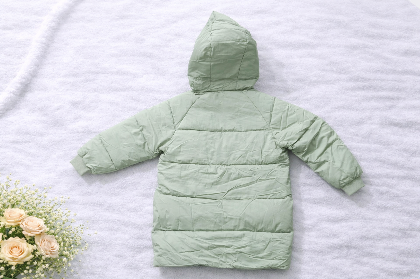 Kids Sage Green Hooded Puffer Jacket – Quilted Winter Coat with Snap Button Front