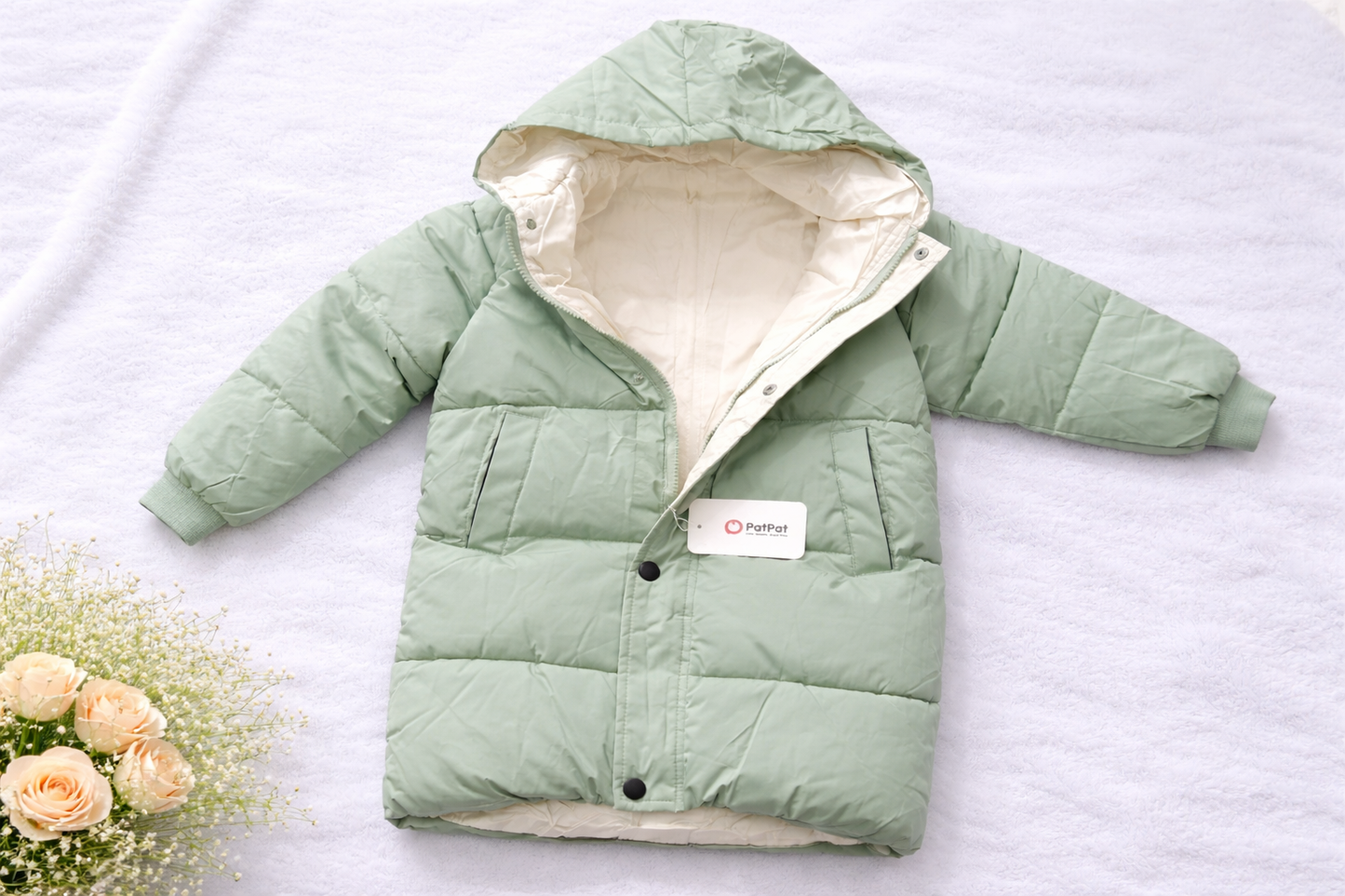 Kids Sage Green Hooded Puffer Jacket – Quilted Winter Coat with Snap Button Front