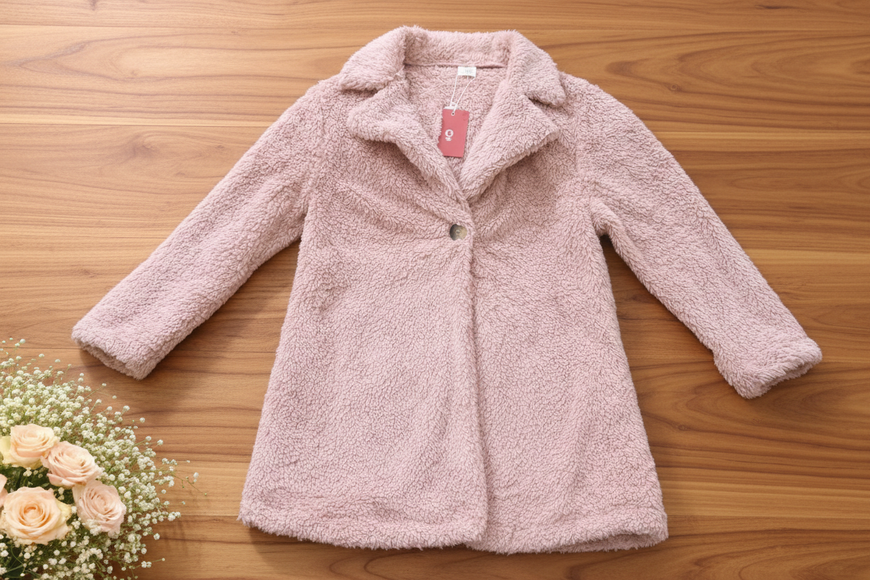 Soft Pink Teddy Fleece Coat – Cozy Faux Shearling Winter Jacket with Button Closure