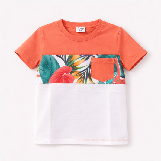 Cotton Tee Flora Print Splicing Shirt